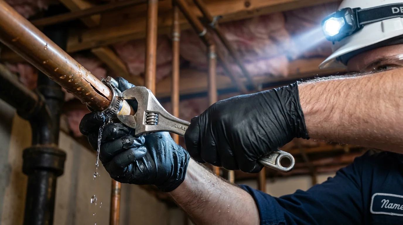 Emergency pipe clamp repair being performed by a Johns Plumbing LLC plumber in Kalispell
